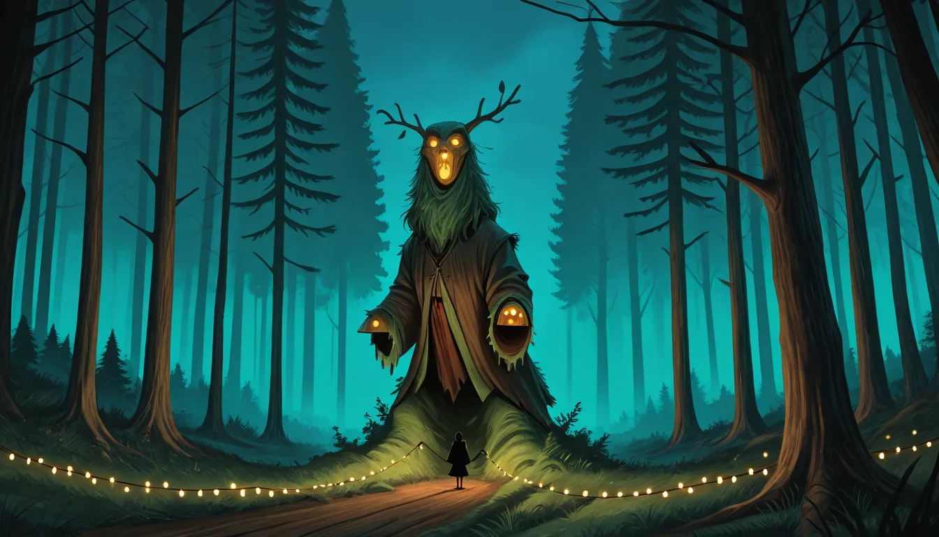 A forest-edge festival meadow at night, a giant moss-covered puppet, string lights and a green signal in the fog