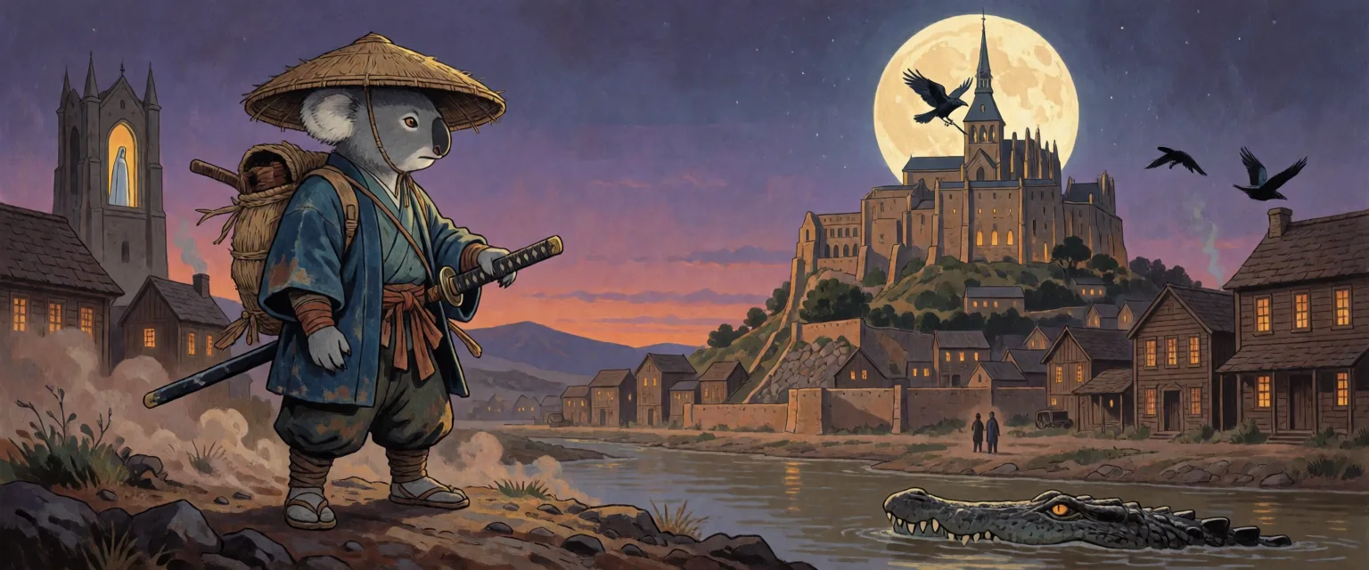 Zuzu the koala ronin on a ridge above the haunted abbey, the River Croc in the river below