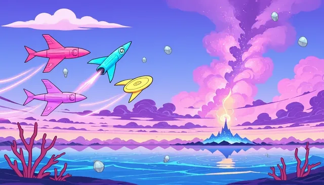 Pinkwake Estuary title card: the four pilot ships over a pink cloud sea