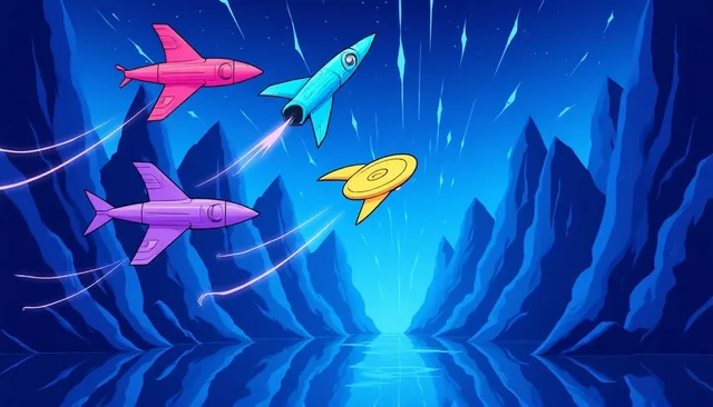 Glass Current title card: the four pilot ships over a mirrored crystal canyon