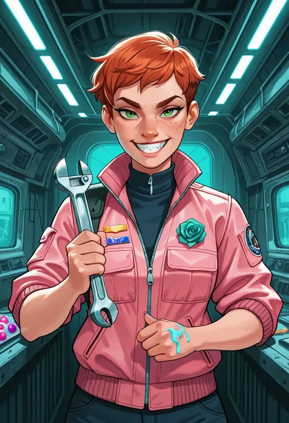 Maribel Rowan, a short freckled pilot with a cropped copper haircut and a crooked grin, holding a wrench in a scuffed rose-pink flight jacket.